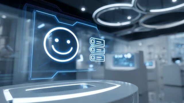 A holographic screen with a smiley face and data elements floats in a sleek, advanced laboratory setting. The image conveys artificial intelligence, digital progress, and futuristic user experience