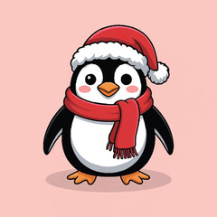 Fototapeta premium cute penguin wearing santa hat and scarf illustration