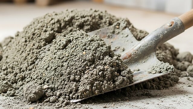 Cement pile with shovel, ready for construction project in progress
