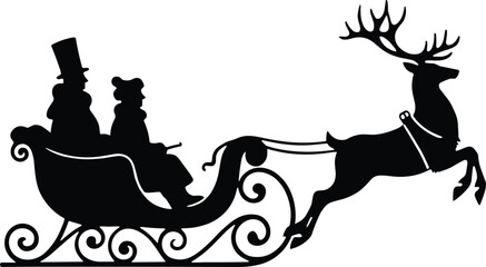 Black vector silhouette of a majestic reindeer pulling a classic ornate sleigh with two passengers for winter holiday Christmas and seasonal festive designs © MstSahara