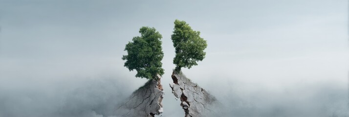 Naklejka premium Two trees divided by cracked earth and misty atmosphere