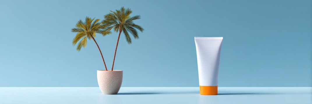 Minimalist sunscreen tube with palm plant on blue background