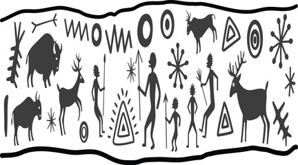 Ancient rock art depiction of animals and human figures © Sharmin