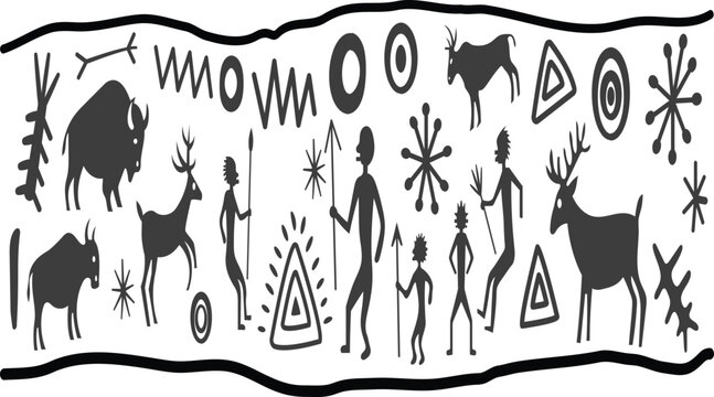 Ancient rock art depiction of animals and human figures