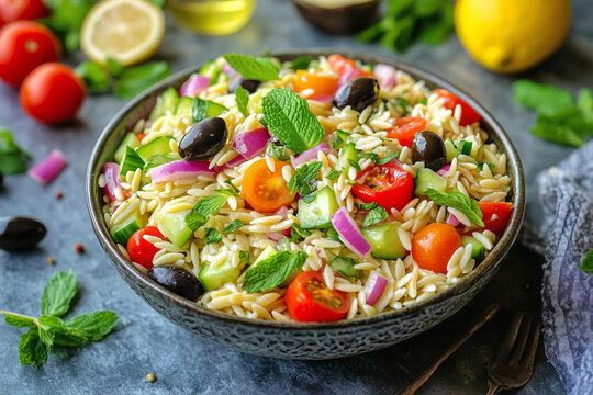 Vegan Mediterranean pasta salad with orzo, cucumber, red onion, black olives, cherry tomatoes, and fresh mint, dressed with a lemon-tahini dressing