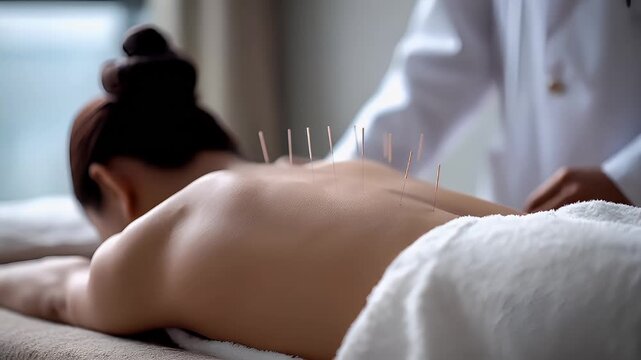 Therapy stress release treatment, health lifestyle. In this image we can see a woman lying on a white cloth. In the background, we can also see a person performing acupuncture.