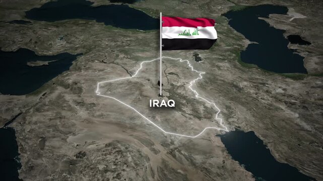 Iraq Map Animation with 3D Flag Waving of Iraq flag and Glowing Border on World Map