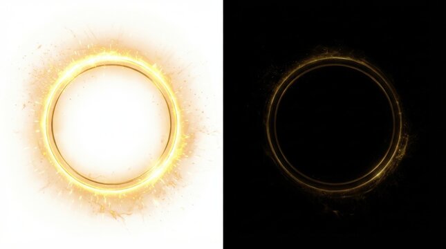 Golden luminous ring with sparkling particles against white and black backgrounds