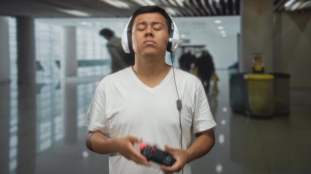 Man holding game controller with thumbs, eyes closed, standing in airport terminal; frustration focus concentration.
