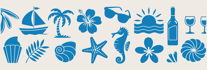 Vibrant collection of blue silhouette icons representing a tropical beach vacation, including a sailboat, palm tree, hibiscus flower, sunglasses, sunset, wine, and marine life. © tareq