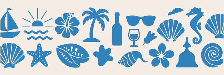 Assortment of blue silhouette icons depicting a summer beach holiday, featuring a sailboat, sunset, tropical flowers, palm tree, sunglasses, wine, seashells, starfish, and seahorse. © tareq