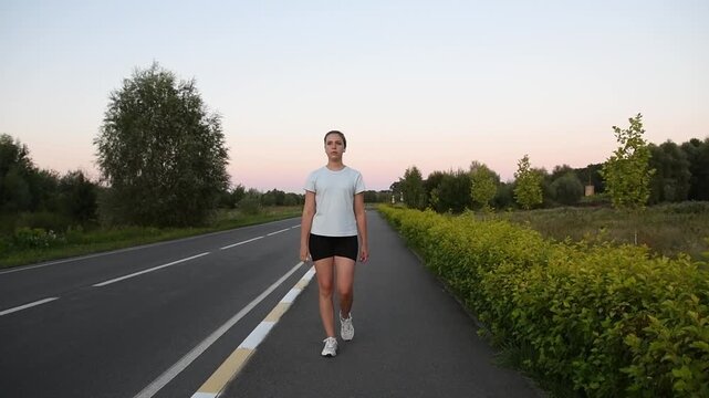 Young woman walking toward camera on sidewalk near road at sunset while wearing wireless earbuds. Slow motion low angle shot creates confident and modern urban lifestyle atmosphere.
