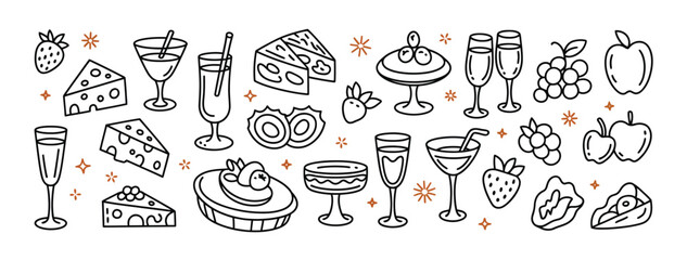 Artistic hand-drawn vector icons showcasing a delightful spread of desserts, fruits, cheeses, and celebratory drinks like champagne and cocktails, perfect for parties and gourmet occasions.