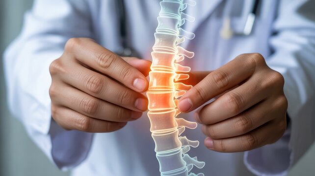 Doctor's hands holding and examining a glowing human spine model, concept of back pain and spinal health.