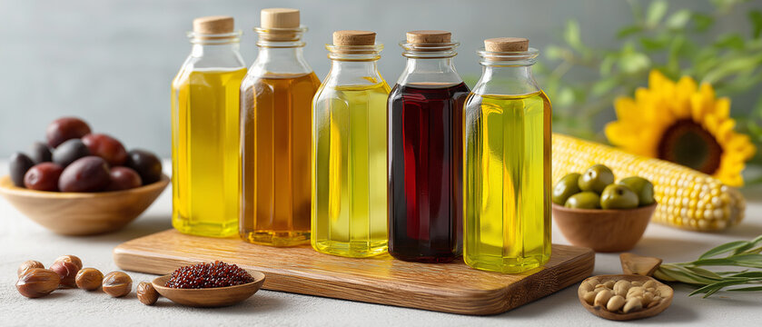 AI generator images of Glass bottles containing various types of cooking oils and vinegars, made from ingredients such as olive and seed oils, vegetable cooking oils (e.g., olive oil, sunflower oil, 