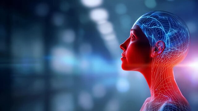 Digital human profile with illuminated neural pathways represents synergy AI, human intelligence. Futuristic background emphasizes technology, innovation, evolution digital minds