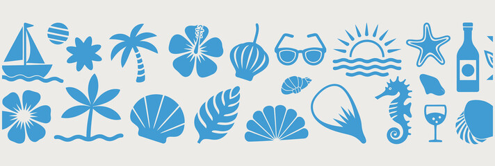 Vibrant blue silhouette icons representing a tropical beach vacation: sailboat, palm trees, hibiscus flowers, seashells, sunglasses, sun, starfish, seahorse, and wine glass. © tareq