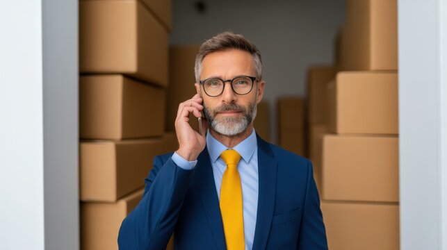 Trade policy impact, A businessman in a blue suit and yellow tie talks on a phone, standing between tall stacks of cardboard boxes in a storage or warehouse setting.