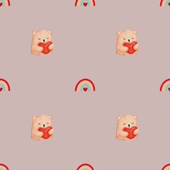 Obraz premium Pattern with bears and rainbows Hand‑drawn seamless pattern with cute bears holding hearts and colorful rainbows. Great for kids’ products, nursery decor, Valentine’s Day, fabric, stationery and kawai