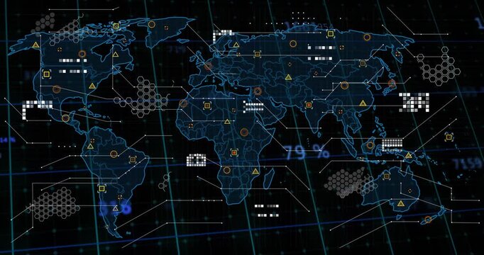 On initial frame shift 3D world map animating adding glowing numbers hexes markers for analytics