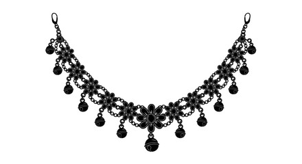 An ornate black necklace with floral and droplet details displayed as a striking silhouette on transparent background high quality © Hridoy