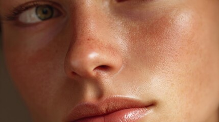 Fototapeta premium Close-up of a woman's face. the focus is on her nose and upper lip. she appears to be in her late twenties or early thirties. her skin is fair and her eyes are looking off to the side.