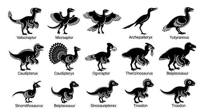 Collection of Various Dinosaur Silhouettes and Illustrations.