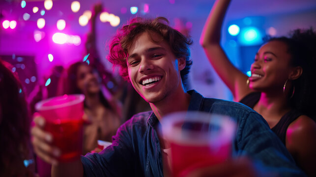 Diverse faceless group of young people at energetic house party holding red plastic cups with beverages dancing enthusiastically in vibrant neon pink and blue lighting youth
