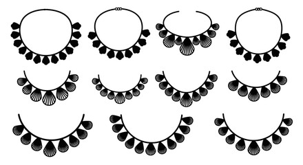 A collection of nine black ornate hoop necklaces illustrated in a distinct silhouette on transparent background high quality professional © Hridoy