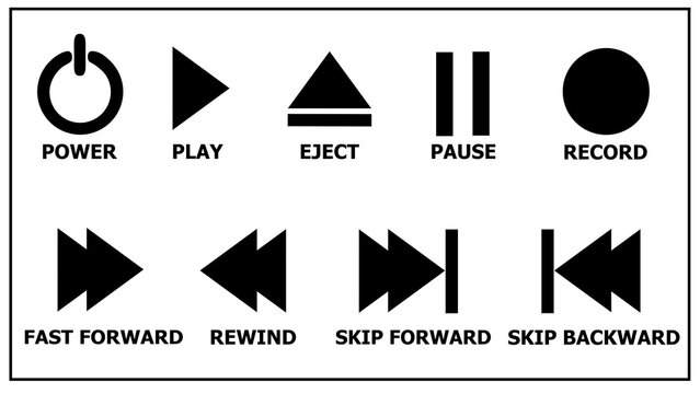 Electronic symbols icons power, play, eject, pause, record, fast forward, rewind, skip forward, skip backward 
