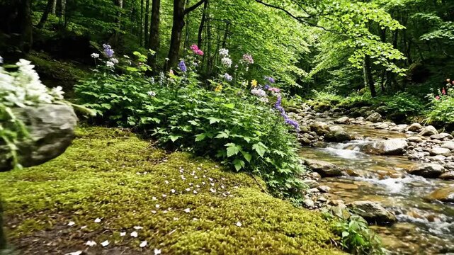Tranquil forest clearing with mossy ground, stone shrine, and flowering plants beside a rocky stream
