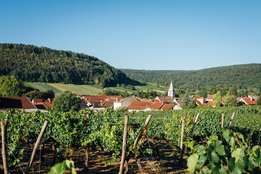 Le village d"Auxey-Duresses en Bourgogne. Village viticole en C&ocirc;te-d'Or. Clocher d'une &eacute;glise et maisons d'un village en France