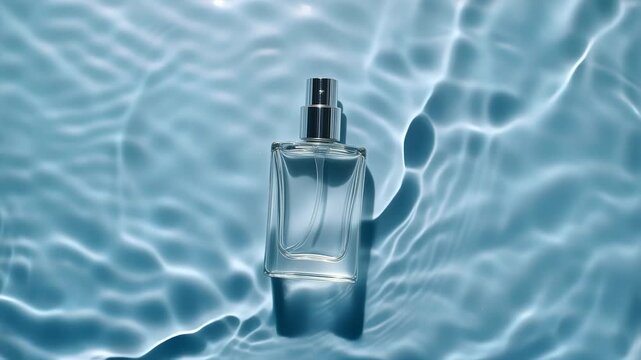 Crystal clear perfume bottle submerged in rippling blue water, cinematic lighting, slow motion splash, luxury advertisement style, ultra realistic reflections, 8K resolution, macro details.