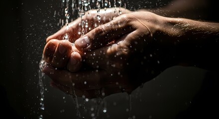 Fototapeta premium Hands cupped under running water with droplets falling.