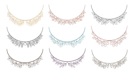 An assortment of delicate necklace silhouettes in gold silver rose gold and pastel shades on transparent background high quality