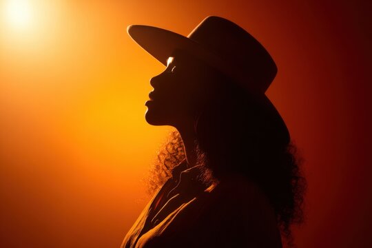 Silhouette of african female in hat against orange light