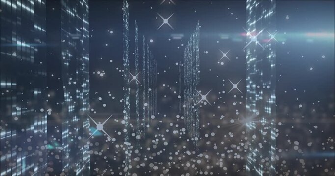 Camera pushing forward past central lit corridor, particle field swirling and showing shiny towers