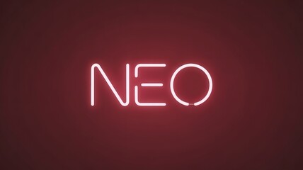 Glowing pink neon "NEO" sign illuminated brightly on a deep dark red background.