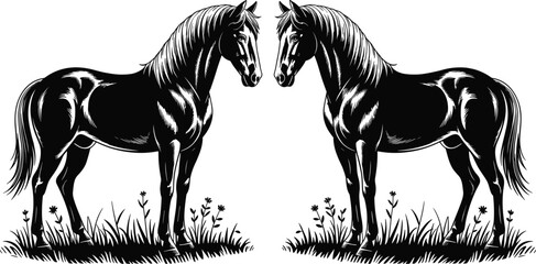 Two black silhouettes of majestic horses standing in grass with flowers powerful © It's Sahed