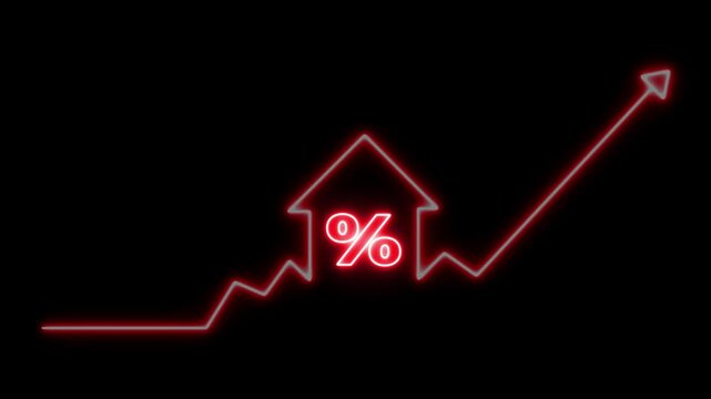 Home icon house sign neon lights animation with up success arrow percentage increase on black background. Glowing Neon House. Neon home button icon animation 4k video