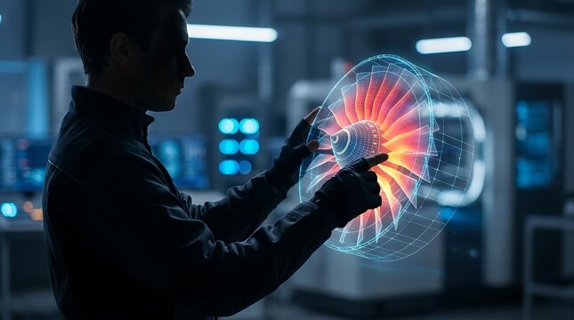 Industrial Engineer Interacting with Holographic Jet Engine for Product Development