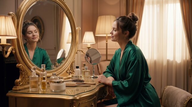 Caucasian woman model in green silk robe sitting at vintage gold vanity mirror. Self care and morning beauty routine