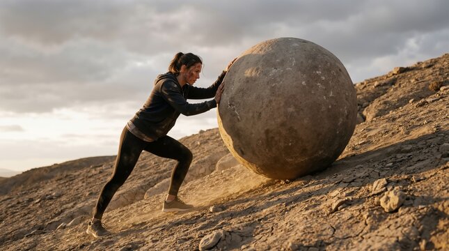 Caucasian woman pushing massive boulder up steep hill at sunset. Determination and personal growth concept banner with copy space