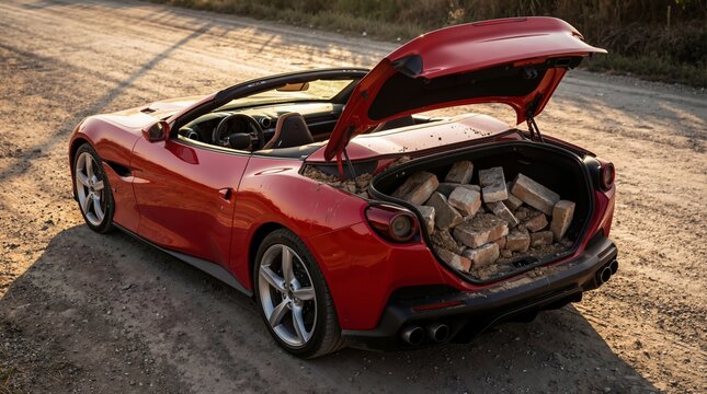 Red luxury sports car convertible with trunk full of bricks parked on dirt road at sunset. Misuse of expensive vehicle and wrong tool for job concept