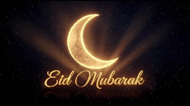 A golden crescent moon shines bright in the dark night sky with eida mubarak written below