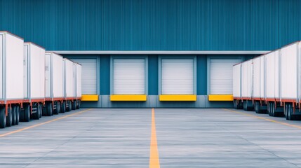 Obraz premium Trade policy impact, A symmetrical view of loading docks at an industrial warehouse with white trailers backed up and a blue exterior wall.