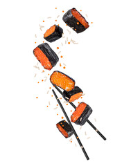 Levitation of sushi rolls with caviar in the air isolated on a white background © Krafla