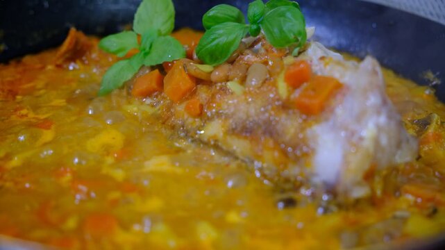 Fresh Red Snapper hot in the frying pan with carrot, garlic, basil,  savoury sauce, vegetables garnish. Brazil food. Sebastes babcocki fish. A deep fried fish topped with chili.