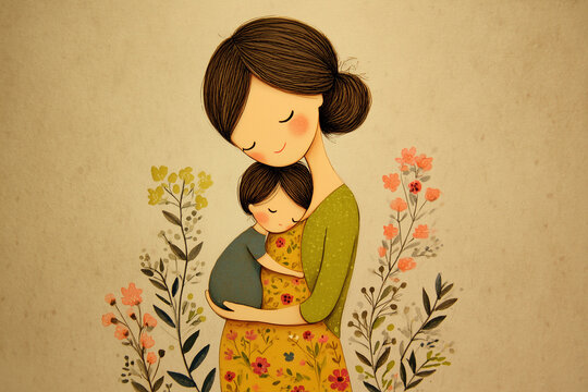 Illustration of a mother hugging her son