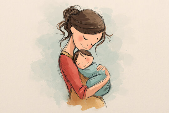 Illustration of a mother hugging her son